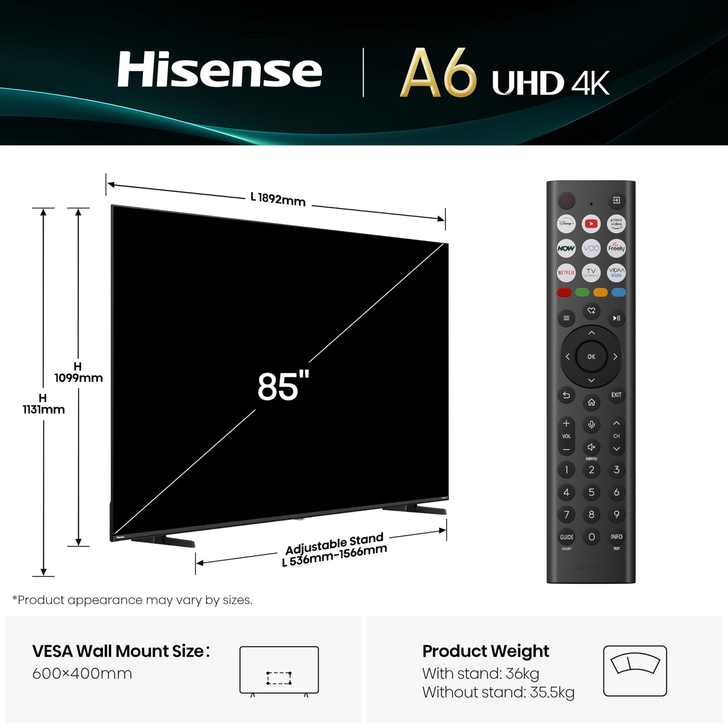 Hisense 85" 85A6QTUK 4K Ultra HD Smart AI TV - Hi-View AI Engine, precision colour, AI smooth motion, sports mode with Freely, Disney+, YouTube, Netflix