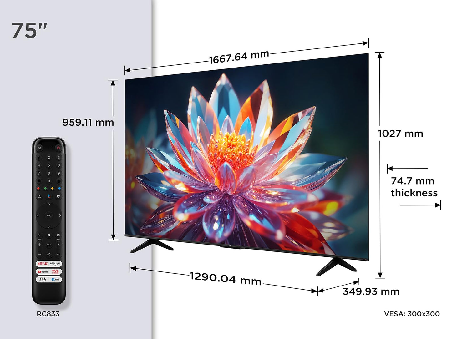 TCL 75T6C-UK 75 Inch QLED 4K HDR TV, Fire TV (Smart TV with Dolby Vision & Atmos, HDR10+, Press & Ask Alexa, 2025 Model)