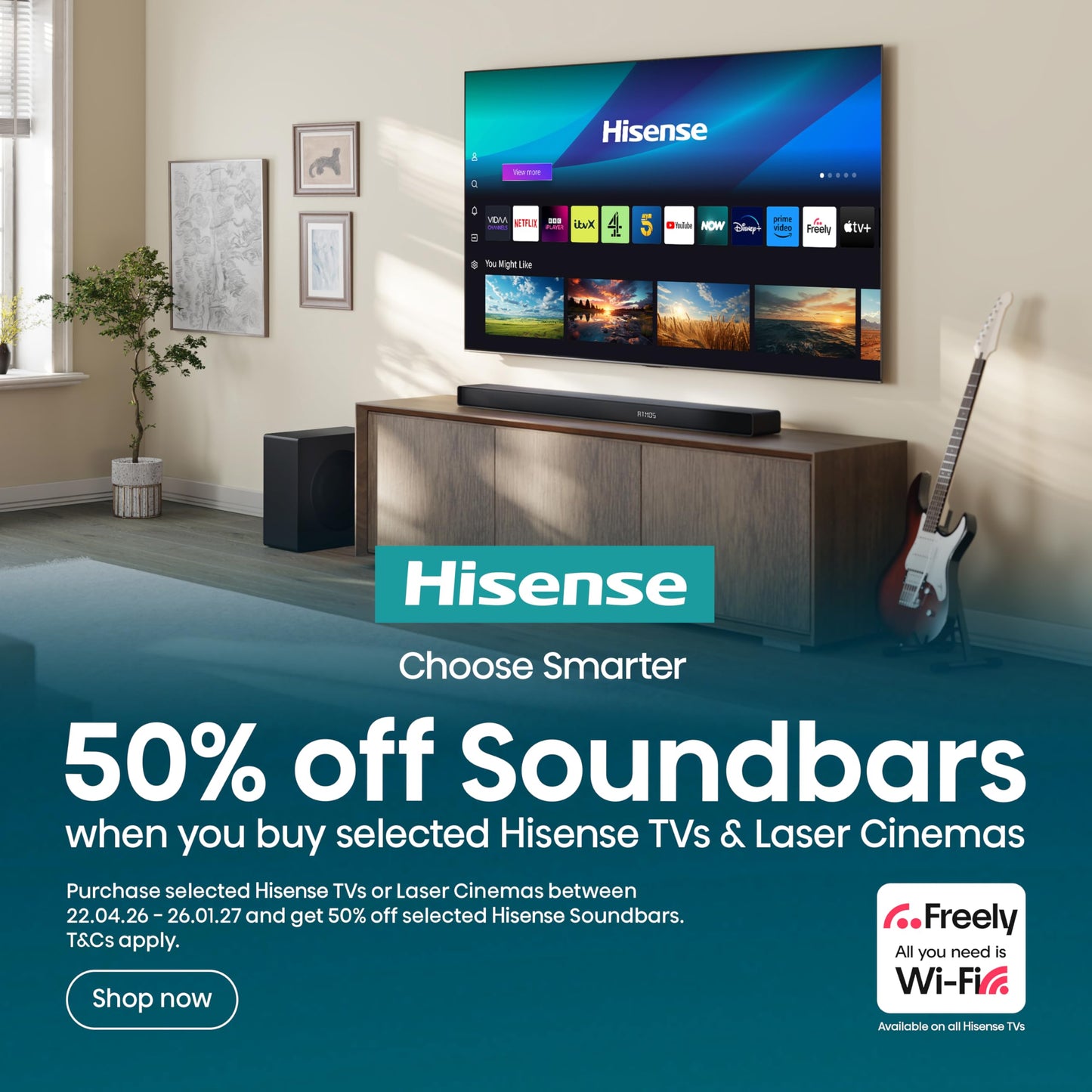 Hisense 85" 85A6QTUK 4K Ultra HD Smart AI TV - Hi-View AI Engine, precision colour, AI smooth motion, sports mode with Freely, Disney+, YouTube, Netflix