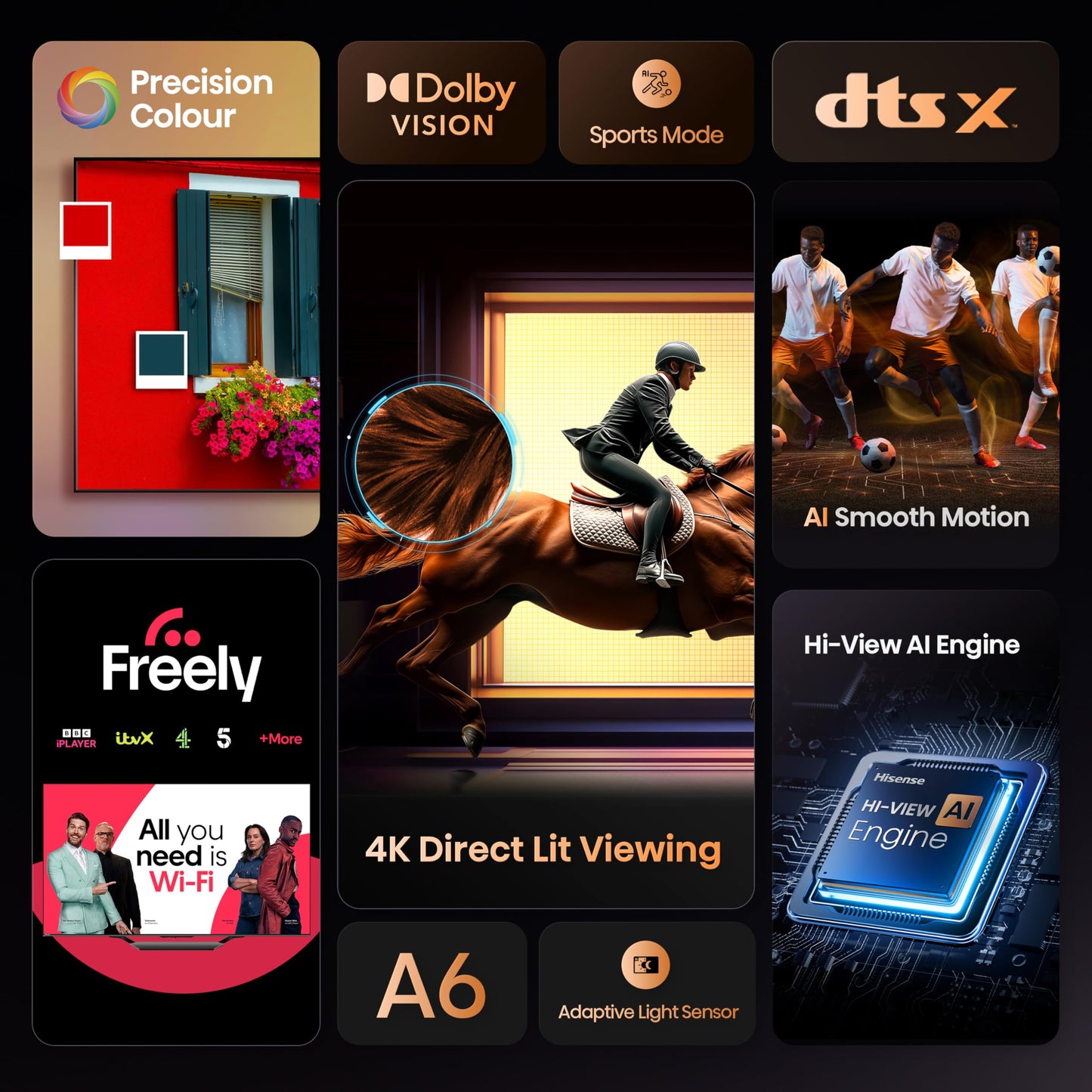 Hisense 85" 85A6QTUK 4K Ultra HD Smart AI TV - Hi-View AI Engine, precision colour, AI smooth motion, sports mode with Freely, Disney+, YouTube, Netflix